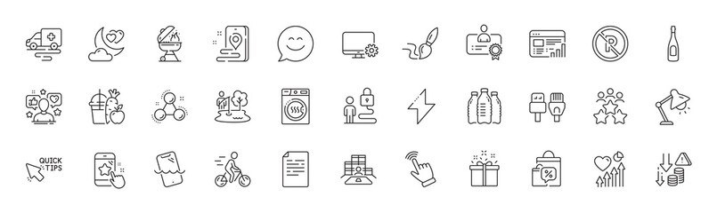 Water bottles, Energy and Love night line icons. Pack of Champagne, Certificate, Computer cables icon. Cursor, Table lamp, Heart beat pictogram. Sale bags, Lock, Smile chat. Quick tips. Vector