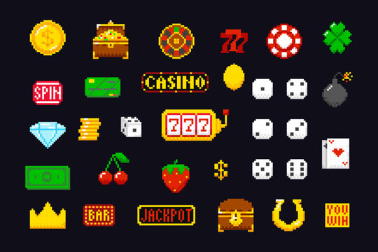 Slot machine icons pixel set. Game assets 8-bit sprite: jackpot, coins, dice, playing cards, fruits, horseshoe for casino app.