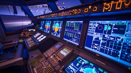 Obraz premium Digital Control Room Monitoring Aircraft Systems for Aerospace Engineering and Remote Diagnostics