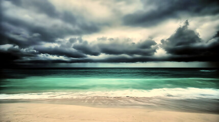 Minimalist background with dark storm clouds gathering over a tropical beach as turquoise ocean waves crash