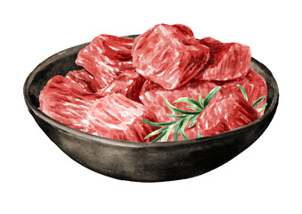 Diced raw red beef meat in the bowl, food concept. Hand drawn watercolor illustration isolated on white background