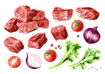 Diced raw red beef meat with vegetables and herbs set. Cooking food concept. Hand drawn watercolor illustration isolated on white background