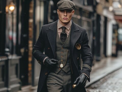 A handsome man with wavy brown hair and muscles in a peaky blinders style suit, grey waistcoat and long coat, with black gloves on his hands, walking down the street of London, wearing a flat cap hat,