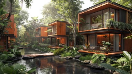 A diverse team of engineers and architects designing eco-friendly, affordable housing solutions for communities vulnerable to climate change