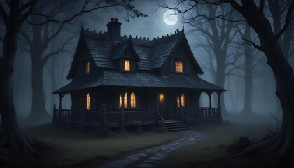 Fototapeta premium Dark cottage in spooky woods in the dense forest