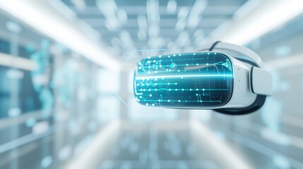 Futuristic virtual reality headset with digital interface in modern high-tech setting, showcasing innovative technology and immersive experience.