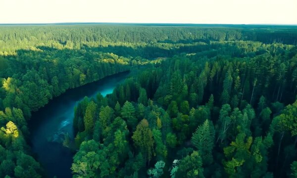 landscape river with green pine trees
