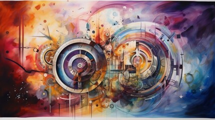 Fototapeta premium The painting is a vivid display of circles and a clock, showcasing a blend of colors like Iris, Magenta, and Electric blue in a stunning artistic composition