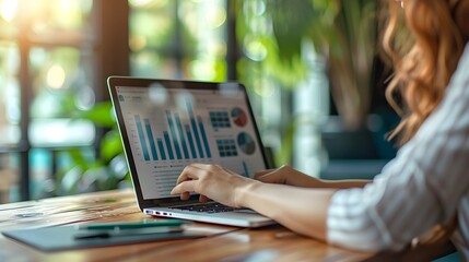 Detailed shot of a businesswoman analyzing a financial report on her laptop, background softly blurred, highlighting the seriousness of corporate decision-making.