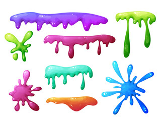 Splat slime mucus collection . Sticky liquid goo spots and blobs. Colorful jelly cartoon snot and smudges. Vector illustration isolated on white background