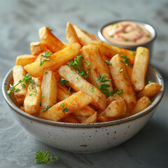 Yummy french fries and small bowl with sauce on grey background, ai technology