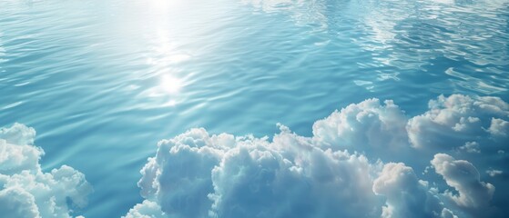 A serene, reflective ocean surface with fluffy white clouds and the sun casting a gentle light, creating a tranquil and peaceful atmosphere.