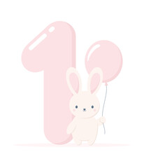 A cute rabbit with a pink balloon standing near the big pink number one isolated on a white background. Flat vector illustration