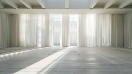 hi res architecture photo, big room , simetrical and white curtains behind,wide shot, captured by Hasselblad X1D 