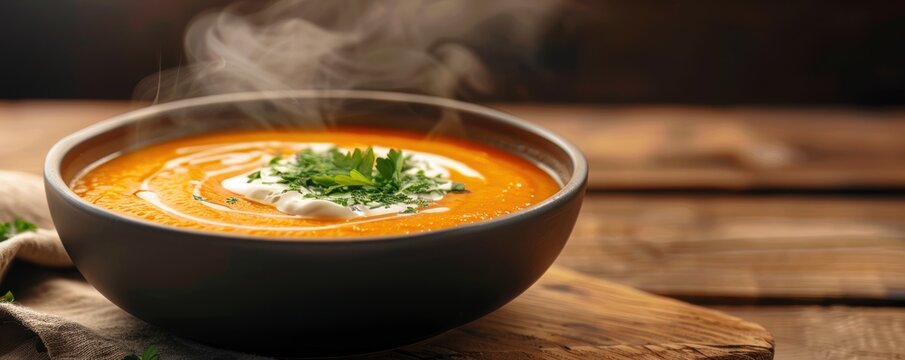 A steaming bowl of creamy tomato soup garnished with fresh herbs and sour cream, served on a rustic wooden table.