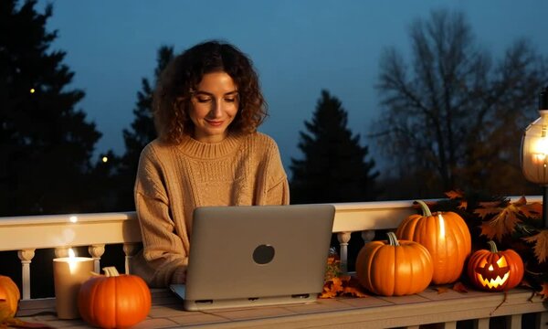woman working on laptop with pumpkin