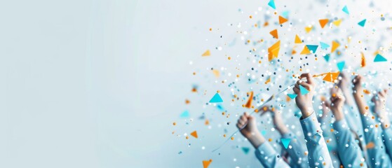 Multiple raised hands in a festive celebration with colorful confetti and geometric shapes on a light background.
