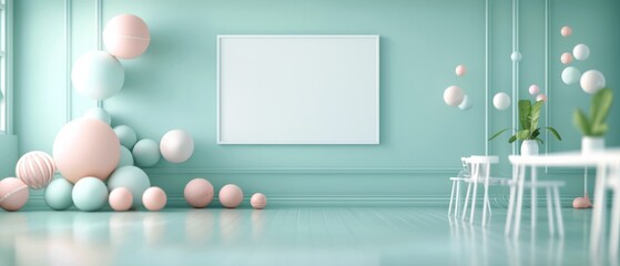 Pastel themed interior with abstract decor elements. Soft green walls, floating spheres, minimalist furniture, blank frame, and serene ambiance.