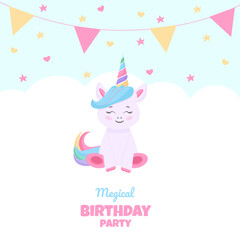Birthday party invitation with beautiful unicorn . Template vector illustration on blue background. vector background with a rainbow unicorn in cloudy sky for banners, cards, flyers, social media wall