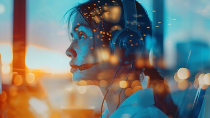 Customer service representative using a headset and computer, focus on, communication theme, vibrant, double exposure, office setting