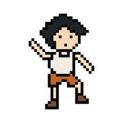 Cute pixel cartoon 8bit character man exercises training dance lifestyle music decoration life style 8 bit male boy dance with music game fitness isolated PNG vector.