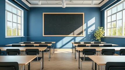 Interior of a classroom, school or university with a large chalkboard. Back to school concept	
