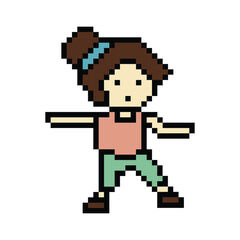 Cute pixel cartoon 8bit character woman exercises training dance lifestyle music decoration life style 8 bit female girl dance with music game fitness isolated PNG vector.