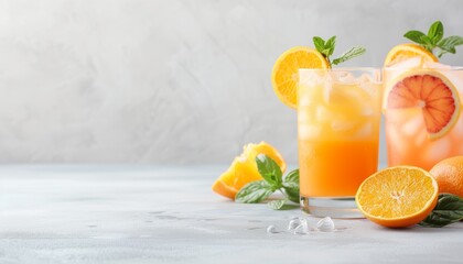 Fototapeta premium Refreshing citrus cocktails with ice and fresh orange slices on a light background. Perfect for summer inspiration and healthy lifestyle imagery.