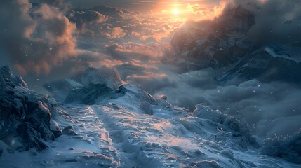 Fototapeta premium Pathway leading through a snowy mountain pass, sunlight breaking through the clouds at the summit, early morning, peaks covered in a delicate glow.