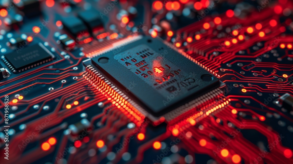 Poster Close-up of a circuit board with a red-lit microchip and illuminated red lights. Details of both are visible in this close-up image.