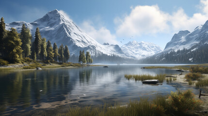 Naklejka premium Quiet snow-capped forested lakes, beautiful scenery, seclusion