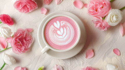 Pink matcha powder cappuccino, vibrant color flower petals. Top up view on white background. Alternative cup of coffee with dragon fruit, beverage, rose. Natural organic nutrient-rich drink for detox