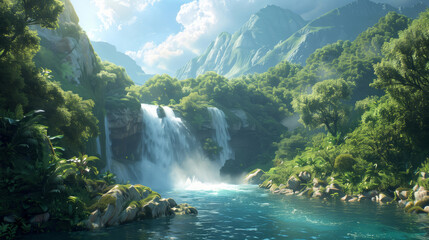 Fototapeta premium A beautiful waterfall in the middle of a lush green forest, with blue water flowing down from high mountains