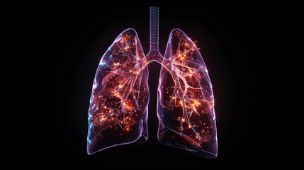 3D Illustration of Lungs with Copy Space Background. Lungs in Glow in the Dark Color Theme