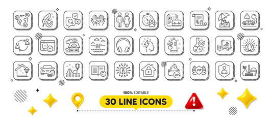 Graph chart, Lotus and Buy car line icons pack. 3d design elements. Headphones, Info, Video conference web icon. Vip security, Hypoallergenic tested, Copyright pictogram. Vector