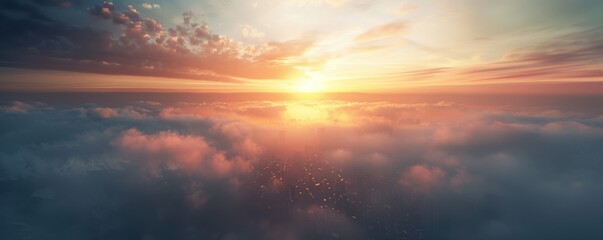 Fototapeta premium Breathtaking sunrise above the clouds with beautiful colors and serene sky, showcasing nature's wonder and beauty.
