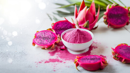 Pink matcha powder, dragon fruit pieces on white background. Side view. Vibrant color exotic fruit. Nutrient-rich dietary supplement. Pitaya ingredient non-GMO natural sweetener. Organic superfood