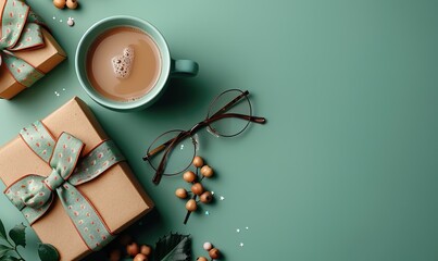 happy fathers day concept flat lay composition, gift box coffee cup necktie glasses on green background.stock photo