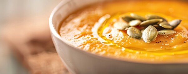 Close-up of a creamy pumpkin soup garnished with pumpkin seeds in a white bowl, showcasing a nutritious and comforting autumn meal.