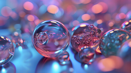 Christmas balls on glass with bubbles and reflections, featuring shades of pink, blue, and purple