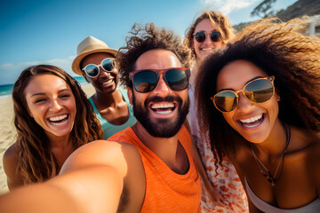 Selfie of a group of 30 year old multiethnic friends at the beach. Generative Ai.