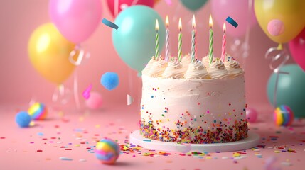 A birthday cake with candles on it, surrounded by balloons and confetti on a pastel pink background, intended for use as a stock photo on an online shop's website banner.