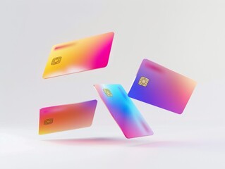 gradient credit cards float in the air, leave this space blank to insert text in the middle, white background, use to design for websites, high-definition images, professional composition 