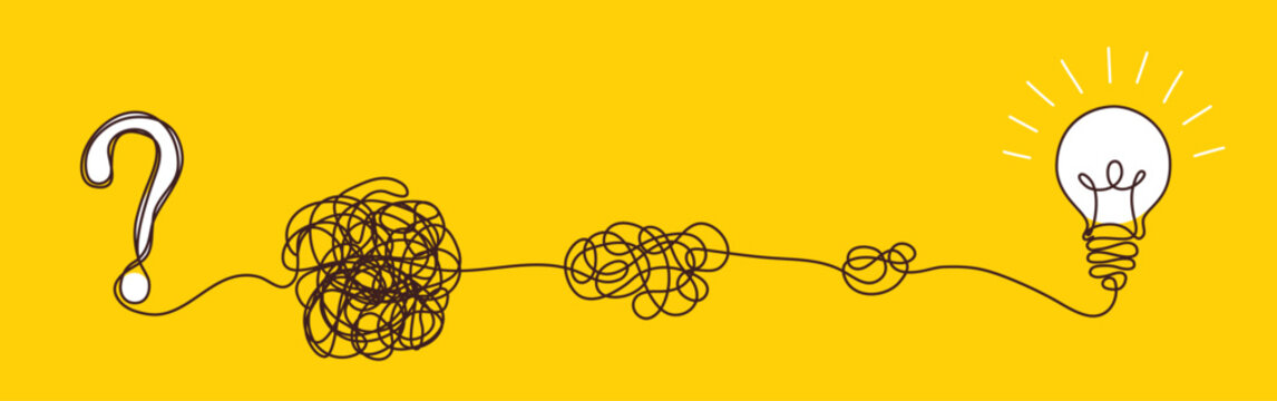 Solution concept of chaos in thoughts with hanging light bulbs with one glowing. Complex problem solving process in hand drawn style. Vector illustration