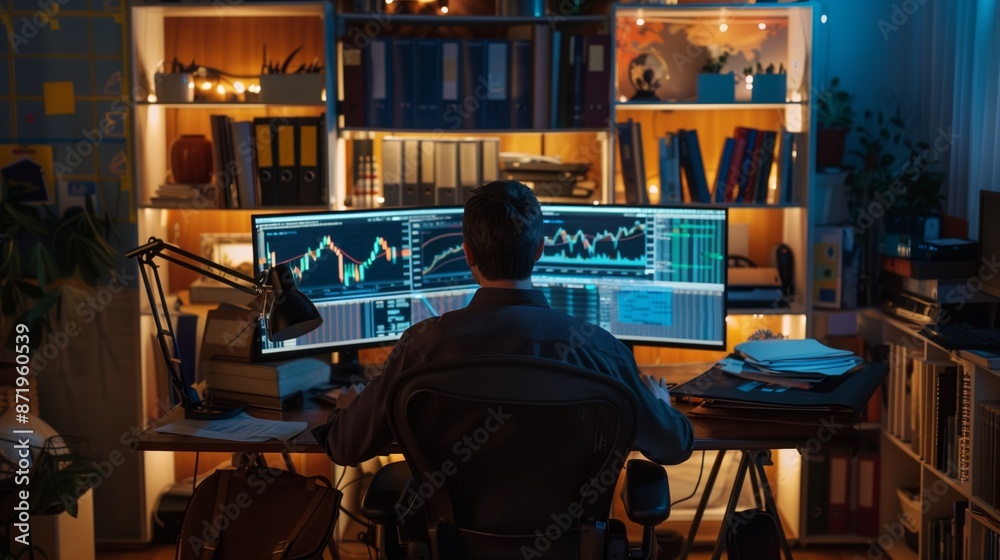 Poster A man sits at his desk in a dimly lit room, intently focused on two computer screens displaying stock market data. He is surrounded by bookshelves filled with books and other objects.