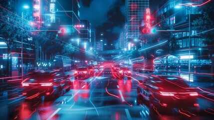 Obraz premium Self-driving autonomous cars, FSD, Neon HUD elements visualize the interaction of driverless cars connected to a common network, sony A7R5, photography, high resolution, realistic 