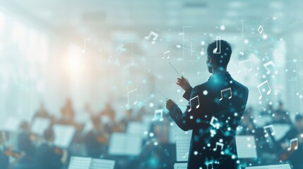 Silhouette of a conductor orchestrating a symphony with blurred musicians in the background and musical notes floating around.