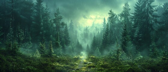 Pine tree forest with eco-friendly lighting and large copy space.