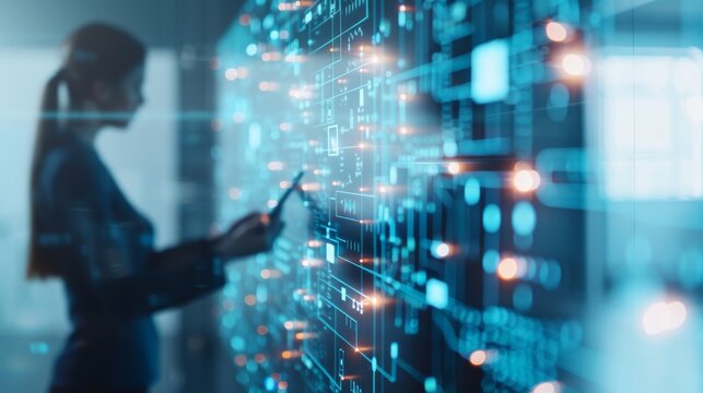 Silhouette of a person interacting with a digital interface, representing high-tech and futuristic technology concepts.