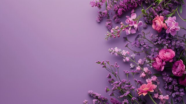 A purple background with flowers on the right side for Mother's Day, on a simple purple wall. Web banner with space on the left in the style of copyspace.